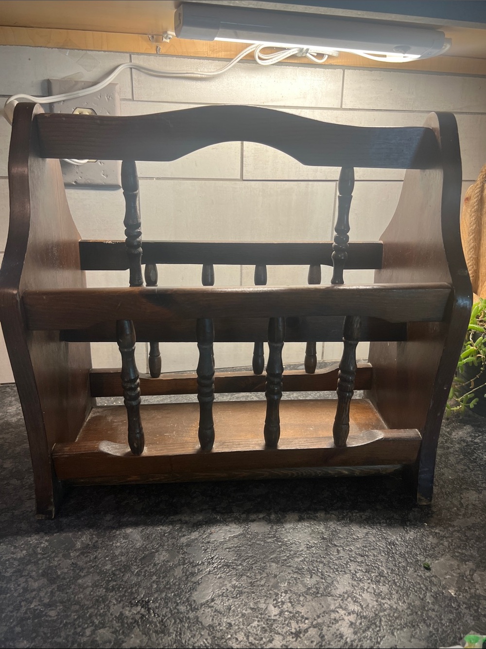 Vintage Pine Turned Spindles Wooden Magazine Rack - Dark Brown. Sturdy.